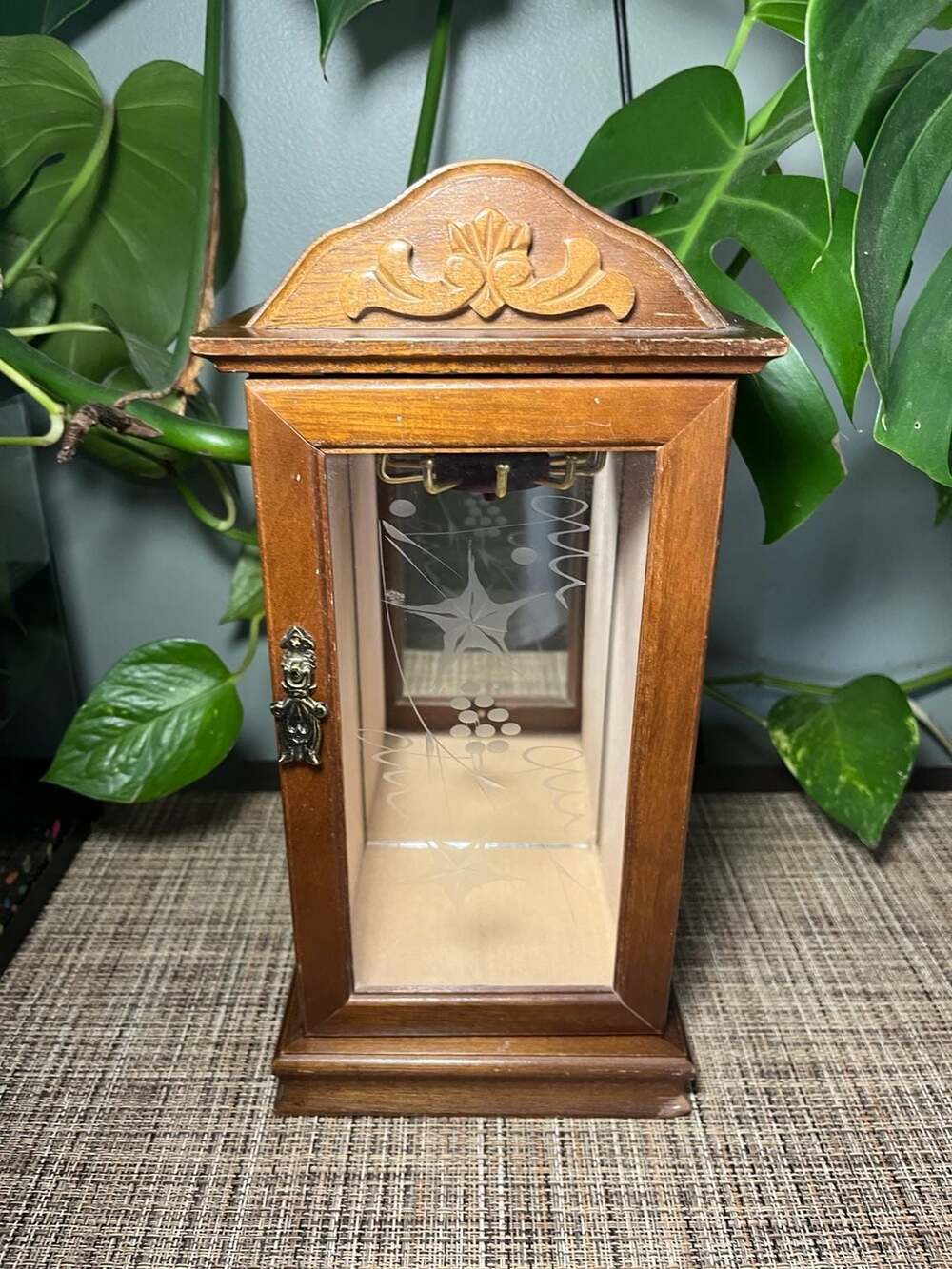 Vintage Wooden Jewelry Cabinet with Etched Glass Door
